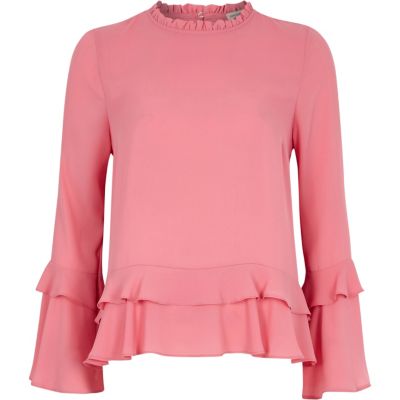 Pink double frill long sleeve top